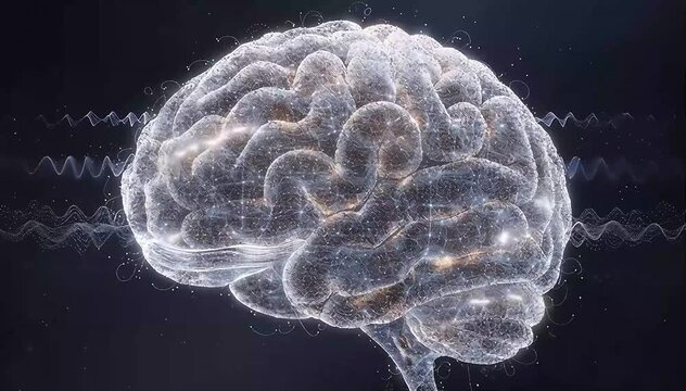 Artificial intelligence brain structure composed entirely of floating micro particles connected by shimmering energy lines, waves of glowing data pulses traveling through the particle neurons