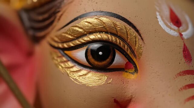Intricate details of Ganesha idol eye revealing artistic craftsmanship and vibrant colors for Indian holidays.