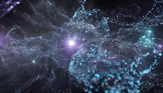 Massive swarm of luminous particles behaving like a living neural intelligence system, particles connecting into temporary neuron clusters and then dispersing again