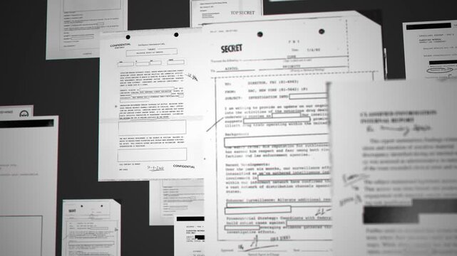 Official looking government secret files and reports on grey background. Various classified censored information documents exposed or compromised by insider whistleblower breach leak stealing secrets