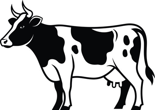 cow, silhouette, animal, farm, cattle, livestock, dairy, agriculture, black, white, vector, illustration, rural, mammal, farming, organic, design, icon, nature, flat