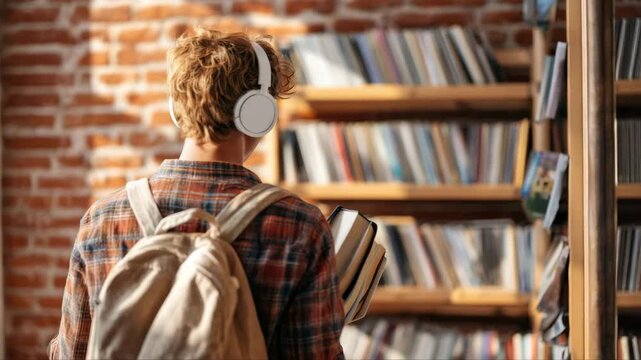 Young Caucasian male student wearing headphones stands in a library, holding books while observing the shelves filled with various titles and materials