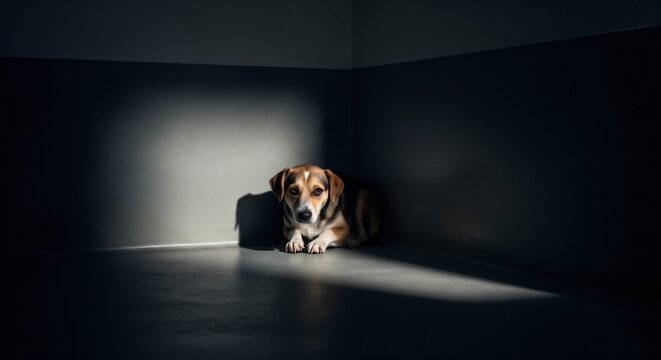 Vulnerable Stray Dog Seeking Solace in a Dark Corner with Dramatic Lighting, Reflecting Sadness and Hope