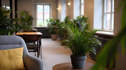 Fototapeta premium A bright modern co working space enhanced by lush potted plants and comfortable seating