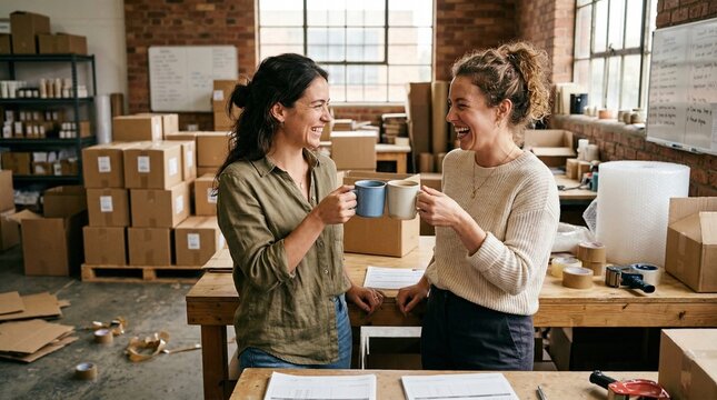 Women toasting coffee mugs in busy warehouse with stacked boxes