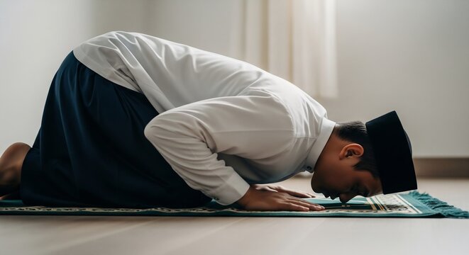Reverent Muslim man in traditional attire performing 'sujood' during prayer indoors, embodying spiritual devotion and faith.