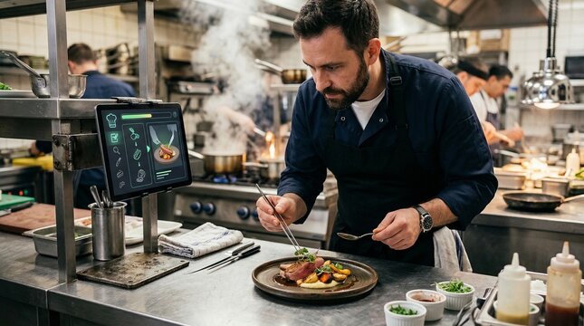Chef plating gourmet dish with microgreens in professional kitchen