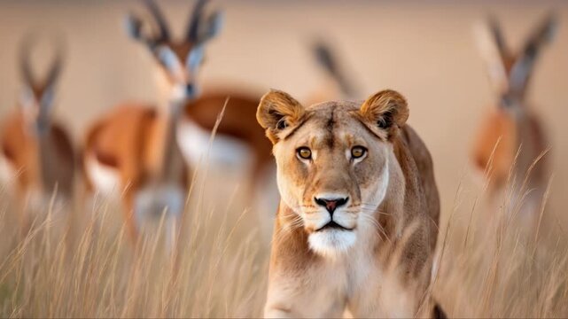 Lioness walking through tall grass with antelopes in the background, showcasing the natural habitat and interaction between predator and prey in the African savanna