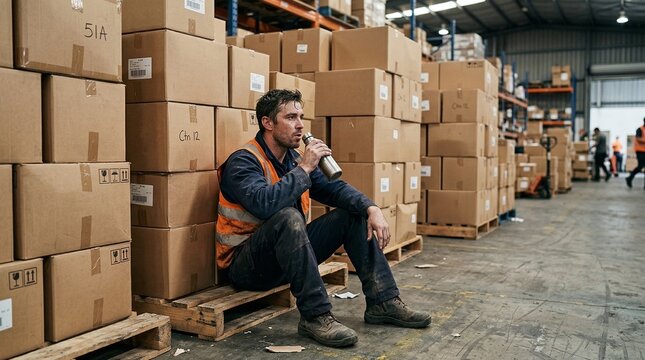 Warehouse worker taking break drinking water sitting on pallet with stacked boxes