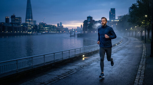 Evening run by river with city skyline and man in dark blue jacket