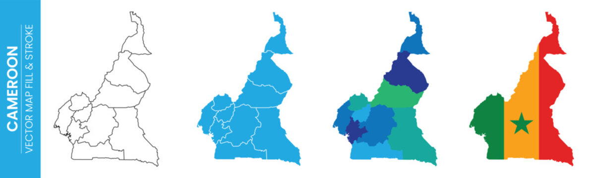 Cameroon map variations including outline, filled, and flag design