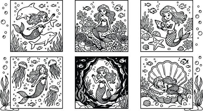 Monochrome vector art of smiling mermaid swimming with dolphins sitting among coral reef holding seashell in underwater cave with sleeping mermaid resting inside giant clam shell underwater