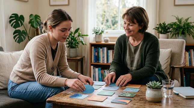 Two women playing memory card game at wooden table in cozy living room