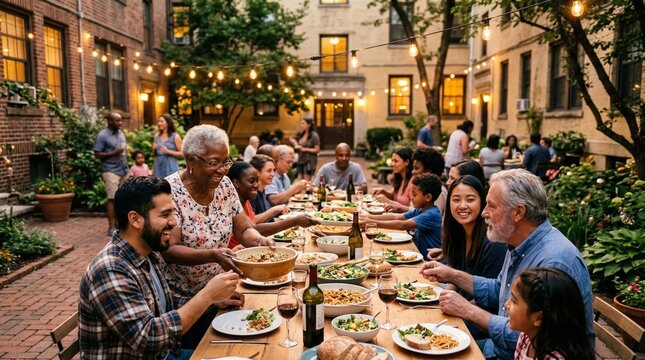 Multi generational group enjoying outdoor dinner party with string lights