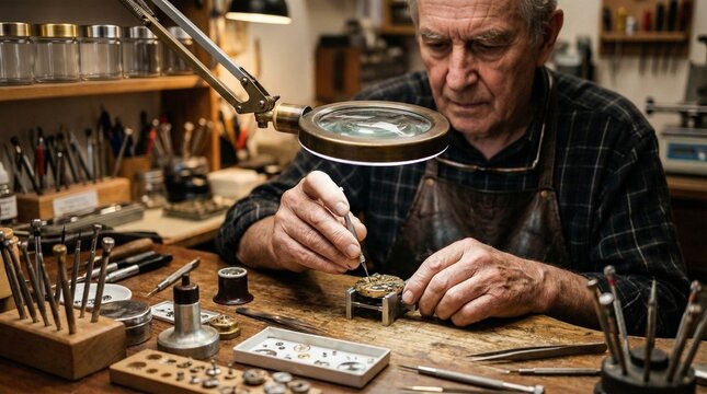Elderly watchmaker repairing mechanical watch under magnifying lamp