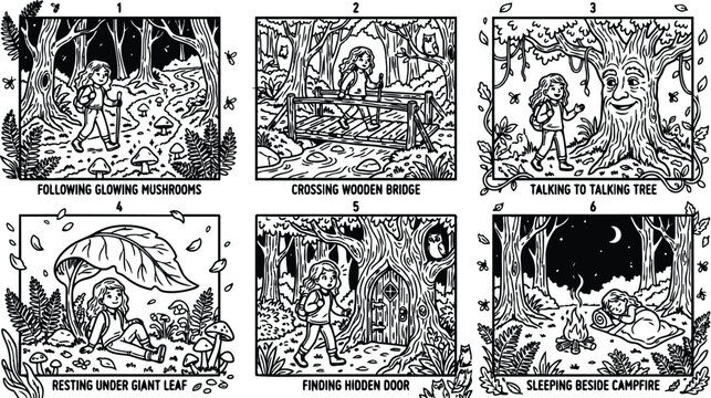 Black and white comic style forest adventure scenes with girl hiking glowing mushrooms crossing wooden bridge talking to tree resting under leaf finding hidden door and sleeping beside campfire