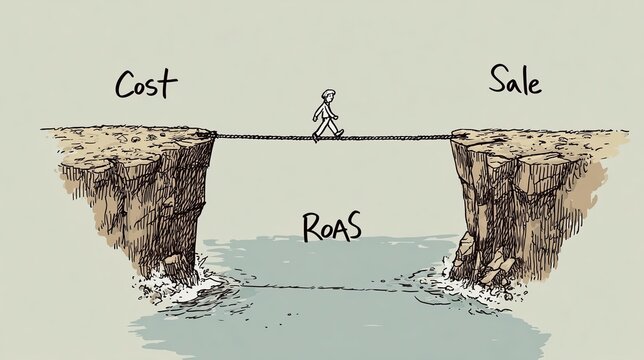 Solitary figure crossing a rope bridge between cliffs labeled cost and sale, illustrating the metaphor of ROAS in a challenging environment