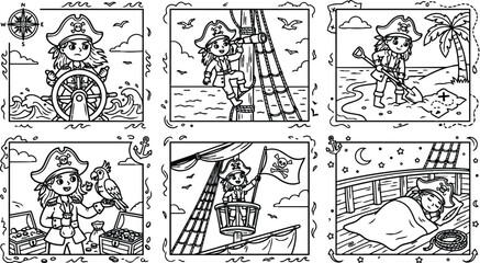 Obraz premium Black and white vector line art of young pirate girl steering ship sailing looking through spyglass digging treasure burying chest talking parrot waving flag and sleeping on deck under starry night