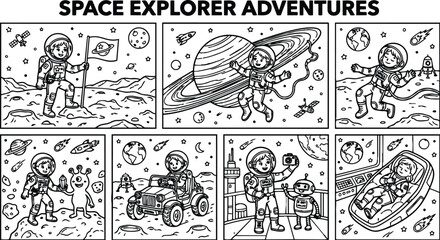 Fototapeta premium Black and white line art space explorer adventures with astronaut planting flag driving rover interacting alien taking selfie with robot and sleeping in spacecraft vector series