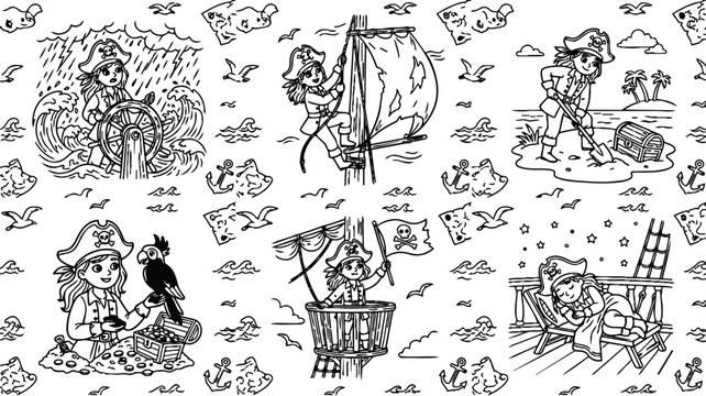 Black and white line art pirate girl sailing ship steering wheel climbing mast looking out treasure island digging chest with shovel holding parrot tropical beach sleeping on deck seamless pattern