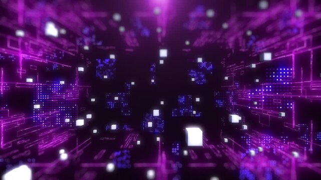 Technology digital line corner structure cyber data network connection concept. Abstract 3d futuristic fly through areal view 4K motion background.