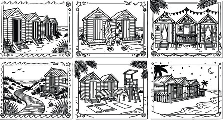 Fototapeta premium Black and white line art beach huts collection with surfboards umbrellas palm trees sea waves night sky stars and crescent moon simple coastal scenery