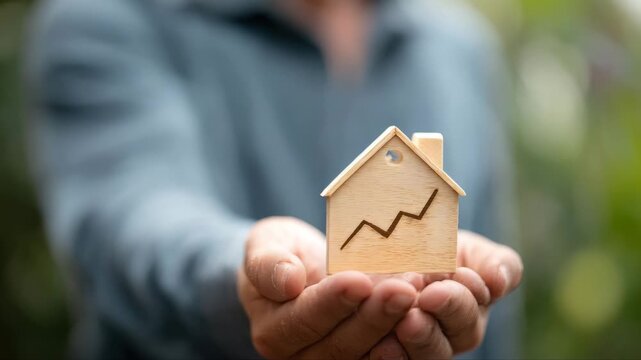 Male individual in a blue shirt holds a wooden house model with an upward trend line, showcasing growth and investment in real estate in a natural outdoor setting