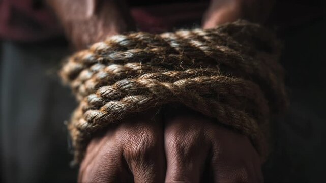 Hands of a male individual bound with thick rope, showing gradual tightening and detailed texture, captured in a dimly lit environment with a focus on the wrists