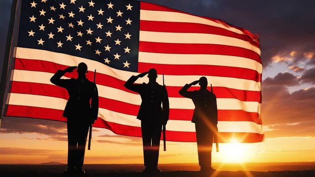 Soldiers saluting American flag at sunset