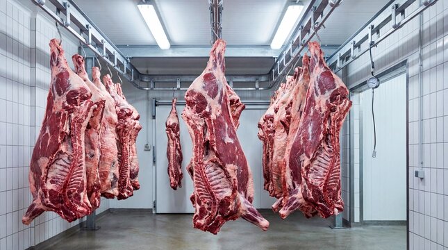 Hanging raw meat in processing facility with stainless steel hooks  