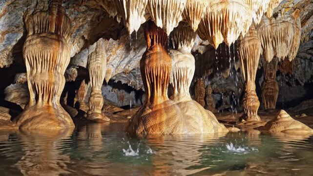 Cave Stalactites Glitter. Subterranean Cavern Adorned With Luminous Stalactites And Flowing Water. Enchanted Underground Cavern Showcasing Mineral Formations Reflecting In Tranquil Pools Of Water