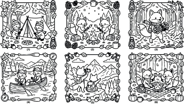 Black and white line art foxes camping roasting marshmallows gathering wood paddling canoe mountain hiking with binoculars autumn forest scene vector illustration
