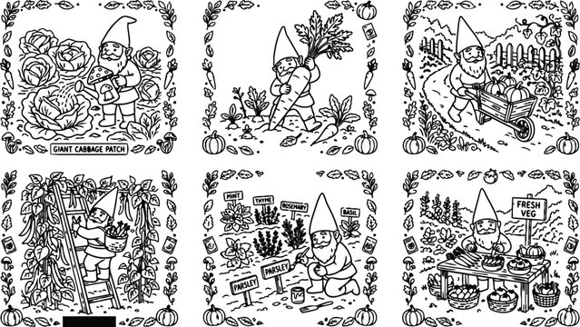 Hand drawn garden gnome watering giant cabbage climbing runner beans harvesting carrots painting herb garden selling fresh vegetables in countryside vector line art collection