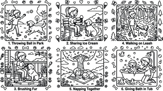Black and white line art vector collection of girl playing throwing ball sharing ice cream brushing dogs fur walking on leash napping together and giving bath in tub simple outline style
