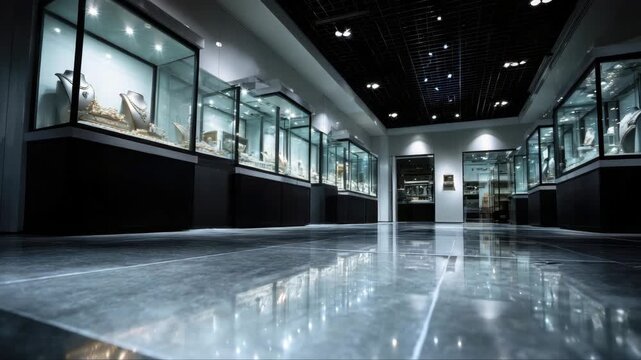 Modern museum interior showcasing illuminated display cases filled with artifacts, reflecting polished floor and overhead lighting creating a captivating atmosphere