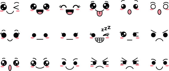 kawaii emoji faces vector set, cute cartoon expressions illustration, funny smiley characters, anime style emotions, happy sad angry icons collection © MdMehedi