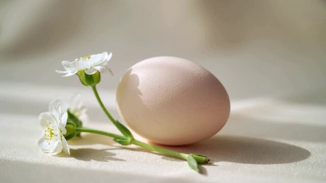 Single pastel Easter egg with small white flower on a glossy surface in warm spring light perfect for holiday branding and minimal seasonal ads
