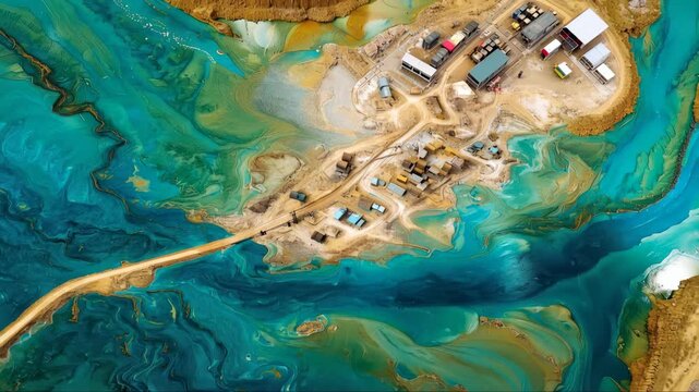 Aerial view of a mining site with winding dirt road, surrounded by vibrant blue water and intricate patterns of land and vegetation, showcasing the natural landscape and human activity