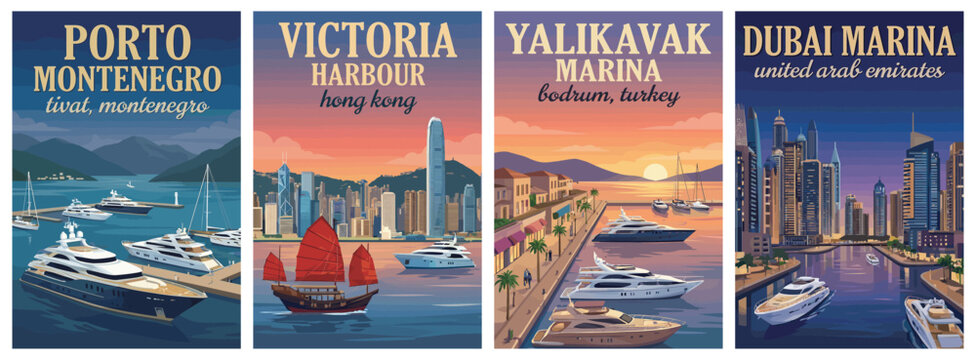 Vintage yacht and marina travel poster set. Including porto montenegro, victoria harbour hong kong, yalikavak marina bodrum, and dubai marina. Retro vector.