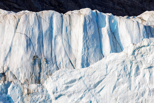 Detail of the terminus of the Jaette, or Jatte glacier, in Isfjord, Northeast Greenland National Park. The Greenland ice sheet is the largest ice mass in the Northern hemisphere.