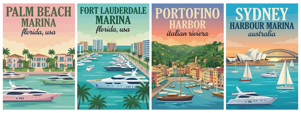 Vintage luxury yacht and marina travel poster set. Including palm beach, fort lauderdale, portofino harbor, and sydney harbour marina. Retro vector design.