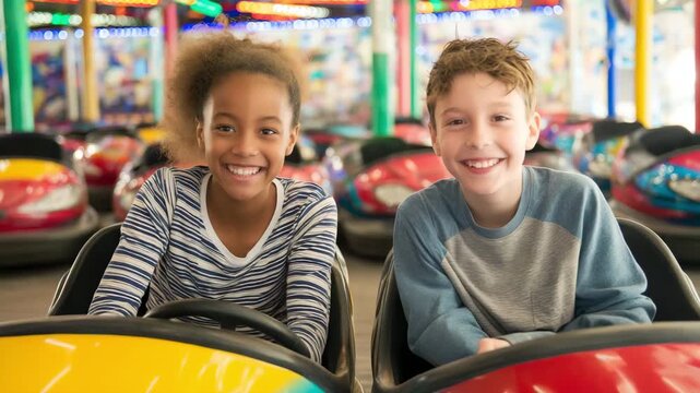 Kids enjoying bumper car ride at amusement park.