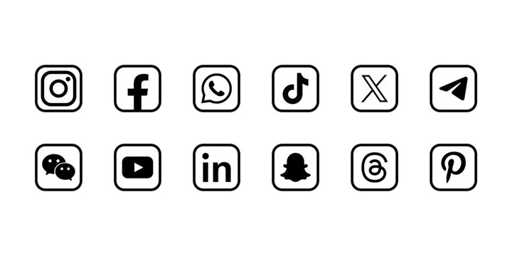 Collection of popular social media app outline icons in black and white rounded squares