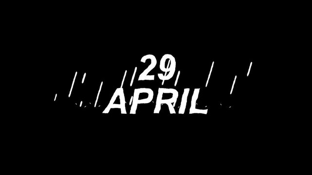 Dynamic graphic illustration of the date '29 April' presented in a stark white, distressed typeface with abstract angular lines on a deep black background, perfect for contemporary event promotion