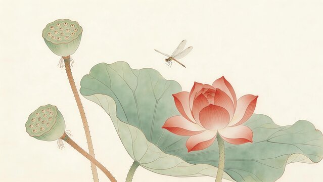 Lotus flower dragonfly and seed pods