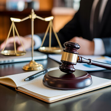 egal compliance and justice concept with judge gavel and scales, contract document on desk, law firm authority, court and regulation visualization