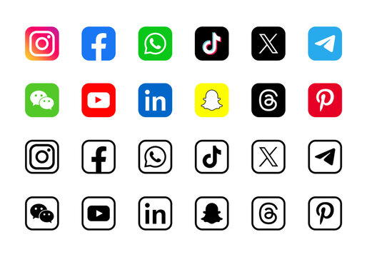 Collection of popular social media app icons in full color and black outline rounded squares