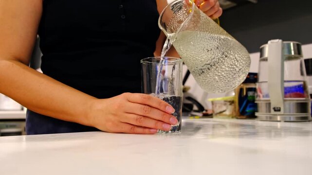 Close up shows hands pouring cold water from a glass pitcher into a tall glass on a kitchen counter, clean light and shallow focus. Staying hydrated supports energy, skin health, and focus daily.