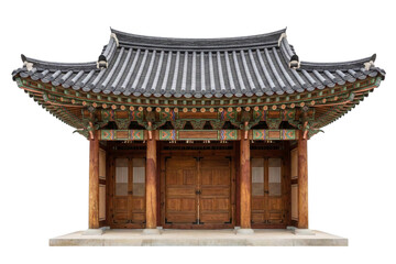 Fototapeta premium Traditional Korean Wooden Pavilion Entrance With Curved Tiled Roof And Decorative Painted Eaves