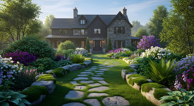 Elegant Stone Country Estate with Flagstone Path & Lush Gardens